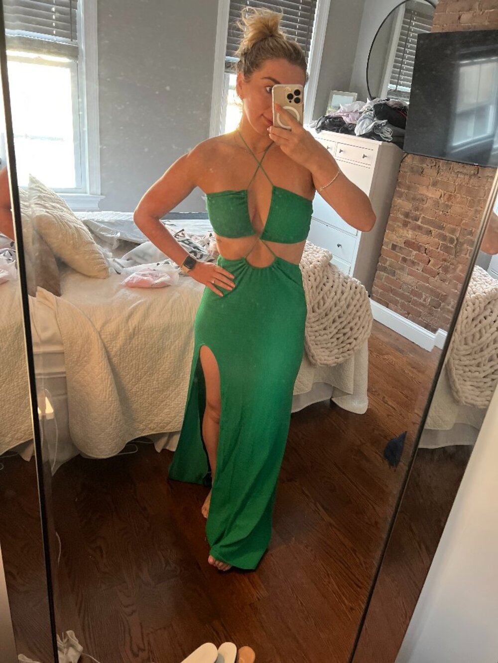 SHEIN Green Halter Cutout Maxi Dress with Thigh Slit